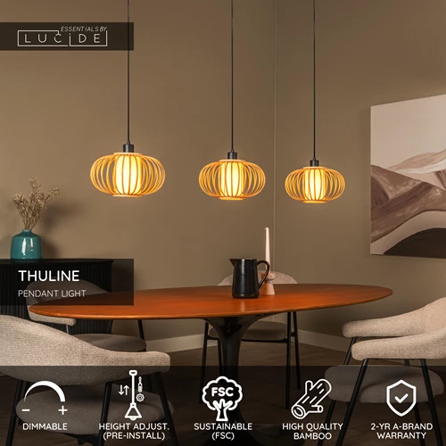 Lucide THULINE - Pendant light - 3xE27 - Light Wood Look - Essential - USP